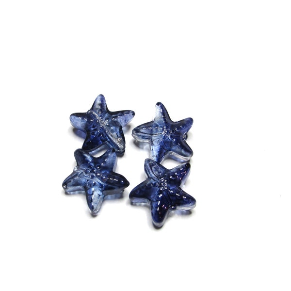 4 pc - 15 x 7 mm Starfish midnight blue transparent blue glass minature beads beading jewelry supplies sealife gift