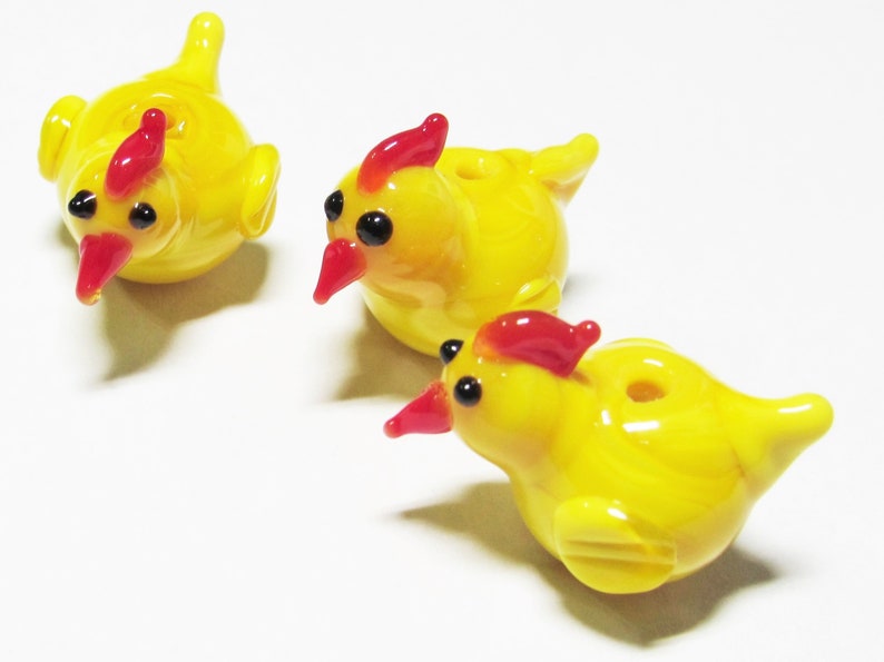 miniature jewelry supplies Lampwork craft supplies beads animal 3 pc yellow handcrafted 20-21 mm Chicken beading supplies glass