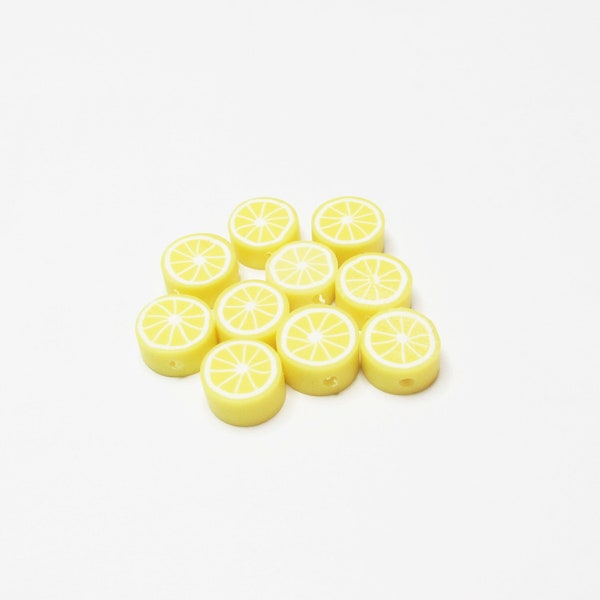 10 pc - 9-10 x 4 mm Lemon yellow Fimo clay fruit beads round flat lemon slice food miniature beading jewelry craft supplies