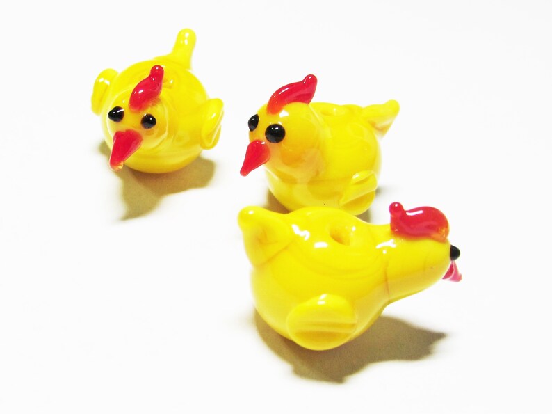 miniature jewelry supplies Lampwork craft supplies beads animal 3 pc yellow handcrafted 20-21 mm Chicken beading supplies glass