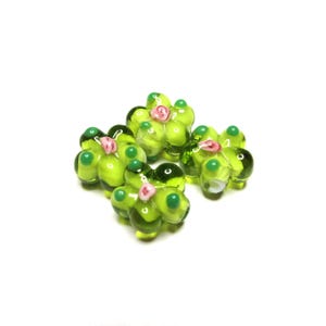 4 pc - 14 x 8 mm Flower lampwork glass handcrafted unique olive green pink beads beading  jewelry craft supplies miniature