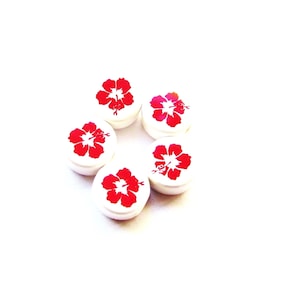 5 pc - 14 mm Hibiscus flower ceramic porcelain white red round flat beads beading jewelry craft supplies gift