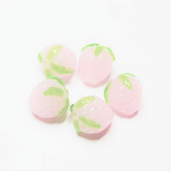 5 pc - 15 mm Strawberry pale pink opaque lampwork glass green unique handcrafted miniature beads,beading craft  jewelry supplies