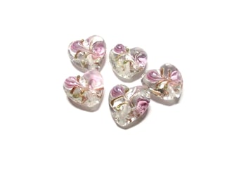 Cuentas de vidrio soplado en forma de corazón - 16 mm, color rosa, lila, transparente y dorado, para manualidades (5 unidades)