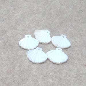 May include: Five white seashell charms arranged in a circle. Each charm has a scallop design with a small hole at the top. The charms are made of a glossy material and are set against a neutral background.