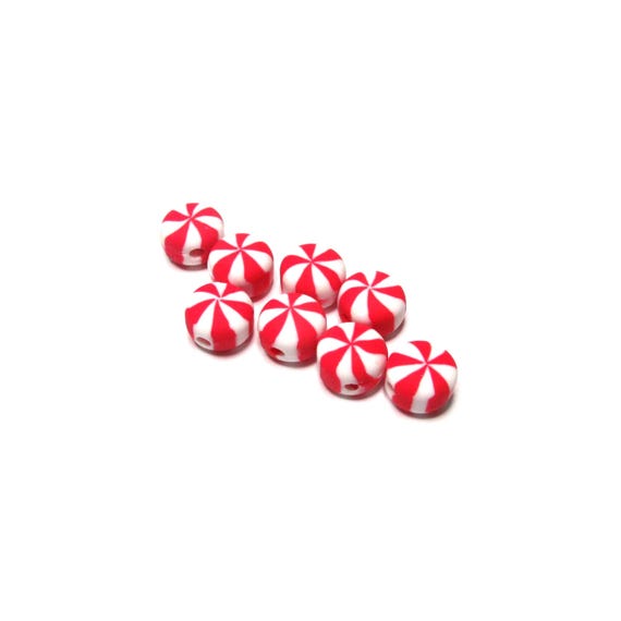 Peppermint Candy Beads - 9x6 mm Polymer Clay Red White Beading Supplies (8 pc)