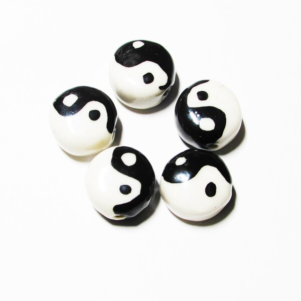 5 pc - 14 - 15 mm, Yin Yang, black, white, ceramic, porcelain,  beads, beading supplies, craft supplies, jewelry supplies,