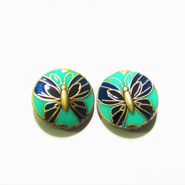 2 pc - 20 mm Coin butterfly green blue enamel antique bronze metal beads beading supplies jewelry supplies craft supplies gift