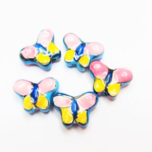 5 pc - 16 x 11 mm Butterfly blue yellow pink ceramic porcelain unique individually painted miniature beads beading jewelry craft supplies