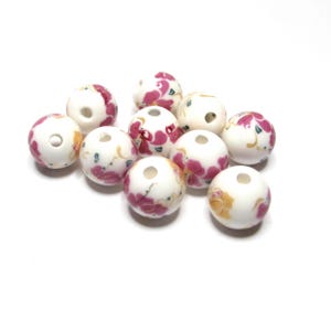 10 pc - 12 mm Round ceramic white light purple green yellow blue flower beads beading jewelry craft  supplies gift