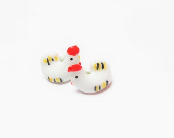 2 pc - 16 mm Chicken white ceramic porcelain bird beads miniature yellow red jewelry beading craft individually painted unique