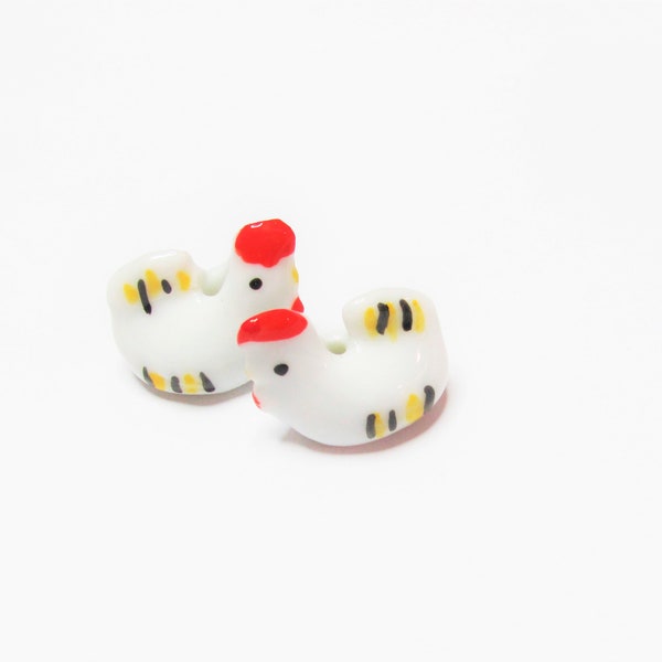 2 pc - 16 mm Chicken white ceramic porcelain bird beads miniature yellow red jewelry beading craft individually painted unique