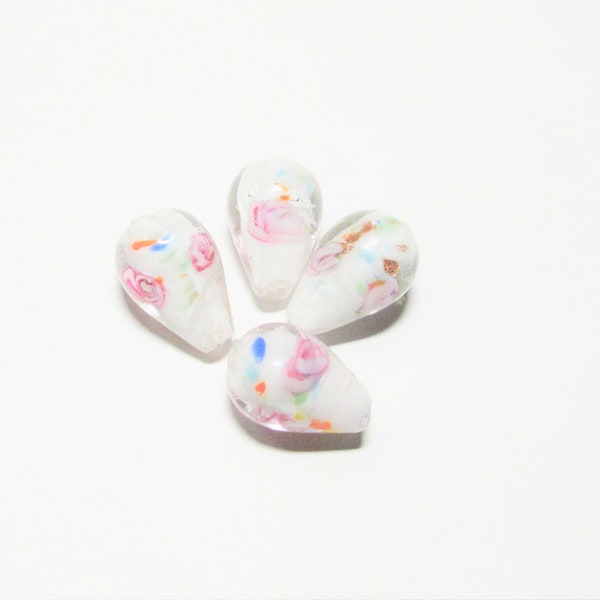4 Teardrop white mix color rose flower pink lampwork glass unique handcrafted glass beads beading supplies jewelry supplies craft supplies