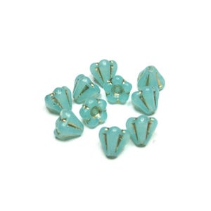 10 pc - 5 x 6 mm Bellflower Czech glass ocean green gold opaque miniature beads beading jewelry   craft supplies gift