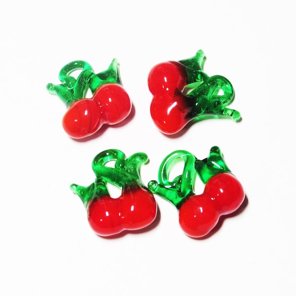 4 pc - 18-19 mm Cherry red green lampwork unique handcrafted miniature food beads beading supplies craft supplies jewelry supplies fruit