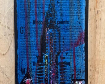 New York City "Chrysler Building"  Newspaper on Canvas and Mixed Media Collage. Street Art,  Phthalo blue