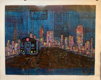 Original -"7 Train" 34x44 in.  Newspaper Art | Mixed Media Collage Art | Phthalo Blue