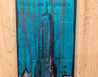 Mixed Media NYC Art. "Empire State Building". Newspaper on Canvas. Street Art, Turquoise Phthalo