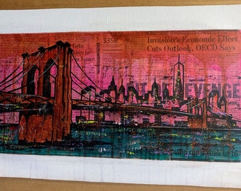 NYC Brooklyn Bridge 10x20 in. Not mounted | Newspaper Art and Mixed Media | Pink