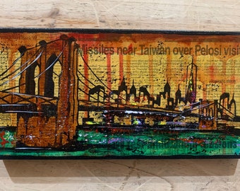 New York City "Skyline" Newspaper on Canvas and Mixed Media and Collage, yellow ochre