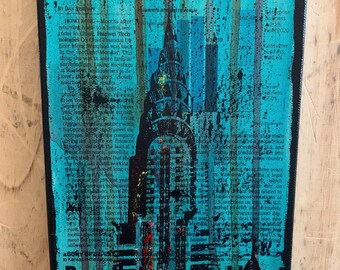 Chrysler Building |Newspaper on Canvas and Mixed Media Collage | Street Art |Turquoise Phthalo