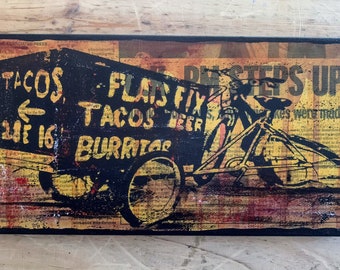 Tacos Delivery Bike| Newspaper on Canvas and Mixed Media Collage | Street Art | Yellow Ochre