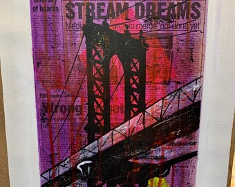 Original-Manhattan Bridge NYC  10x20 in.Newspaper Art and Mixed Media
