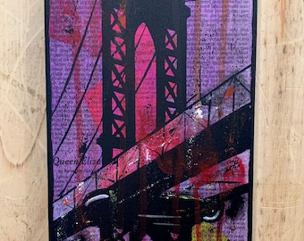 New York City. "Manhattan Bridge". Newspaper on Canvas and Mixed Media Collage. Street Art