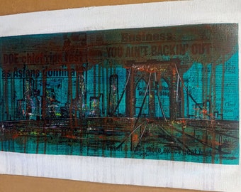 NYC Brooklyn Bridge 10x20 in. Not mounted | Newspaper Art and Mixed Media | Turquoise Phthalo