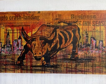 Original- Wall St. Bull NYC 10x20 in. Not mounted Newspaper Art and Mixed Media