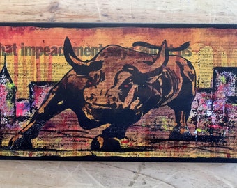 Wall St. Bull | Newspaper on Canvas and Mixed Media Collage | Street Art | Yellow Ochre