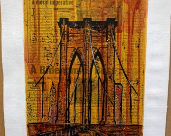 Brooklyn Bridge NYC - 10x20 Not Mounted | Newspaper on canvas | Yellow Ochre