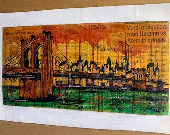 Original- NYC Brooklyn Bridge 10x20 in. Not mounted | Newspaper Art and Mixed Media, yellow ochre