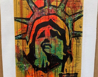 Liberty and Brooklyn Br. 10x20 Not Mounted | Mixed Media Art | Collage | yellow ochre