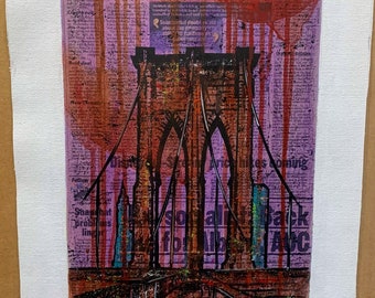 Brooklyn Bridge NYC - 10x20 Not Mounted | Newspaper on canvas | Purple