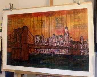 NYC Skyline 36x54 in. | Collage | Mixed Media |yellow ochre