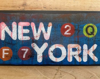 New York sign | Newspaper on Canvas | Mixed Media Collage | Street Art | Phthalo Blue