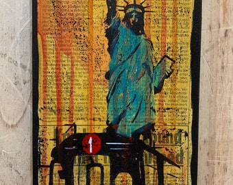 New York City . "Statue of Liberty and Subway". Newspaper Art  Mixed Media and Collage | Street Art by local Artist, yellow ochre