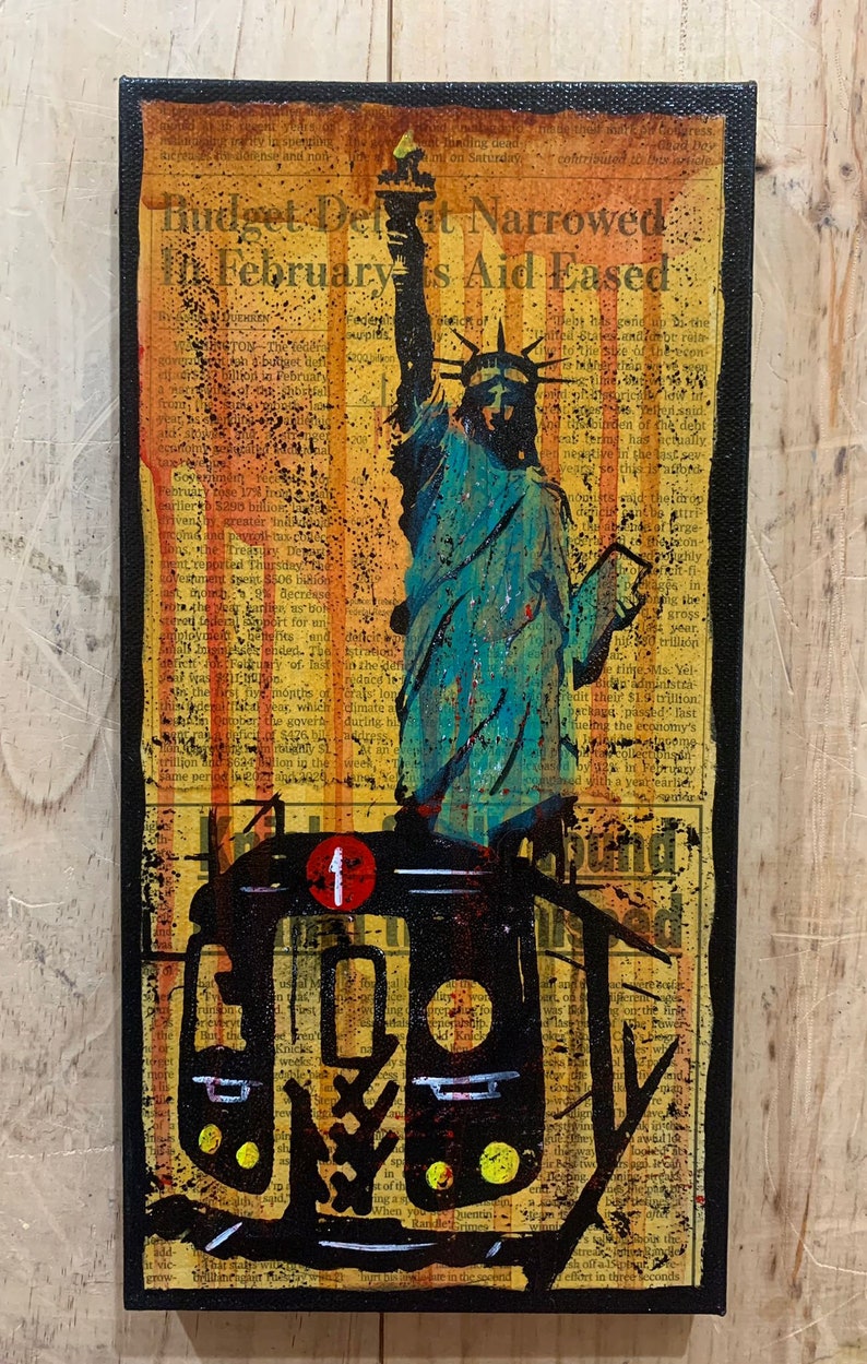 New York City . Statue of Liberty and Subway. Newspaper Art Mixed Media and Collage Street Art by local Artist, yellow ochre image 1