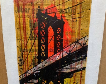 Original-Manhattan Bridge NYC  10x20 in.Newspaper Art and Mixed Media, yellow ochre