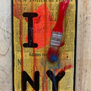 New York City. &quot;I paint NY&quot;. Newspaper on Canvas and Mixed Media Collage. Street Art, yellow ochre