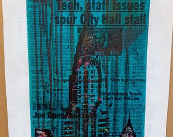 Chrysler Building 10x20 in. Not mounted | Newspaper Art and Mixed Media | Pthalo green