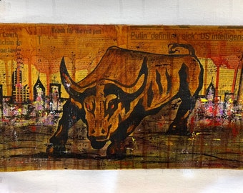 Original- Wall St. Bull NYC 10x20 in. Not mounted Newspaper Art and Mixed Media