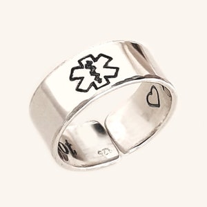 Custom Emergency Medical Ring, Personalized Medical Alert EMT Symbol Ring, Sterling Silver Emergency Medical Band, Medical ID Jewelry Gift image 2