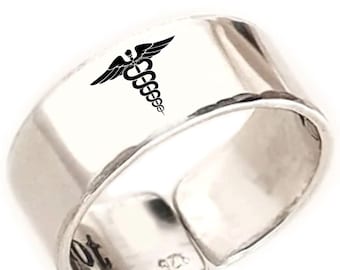 Custom Caduceus Ring Personalized Medical Alert Ring 925 Sterling Silver Band Medical Symbol Jewelry, EMT Doctor Gift for Him or Her
