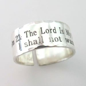 Silver Psalm 23 Ring, Sterling Silver Band Engraving The Lord Is My Shepherd, I shall not want. Custom Engraved Ring, Bible Verse Ring