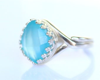 Blauer Chalcedon Ring, blauer Edelstein Ring in Sterling Silber, Boho Ring für Frauen, großer Statement Ring, Geschenk für sie, Liebesring