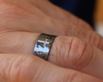 Mens Cross Ring Custom Religious Ring Band Holy Cross Ring Hammered Band Black Christian Ring Religious Christmas Personalized Gift textured