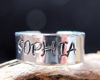 Custom Name Ring, Personalized Silver Rings, Engraved Date, Initial Ring, Hammered Ring - Gift for him, her, Adjustable Ring