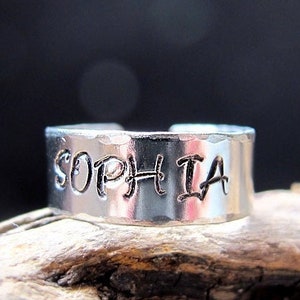 Custom Name Ring, Personalized Silver Rings, Engraved Date, Initial Ring, Hammered Ring Gift for him, her, Adjustable Ring image 1